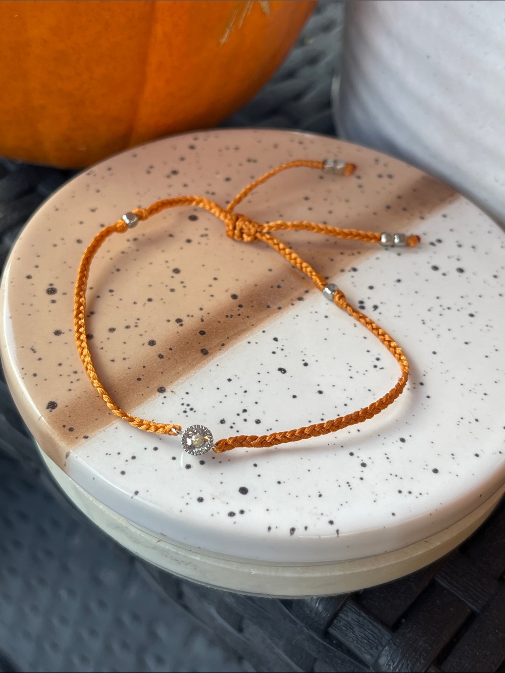 Orange Braided Bracelet with Clear Crystal Accent